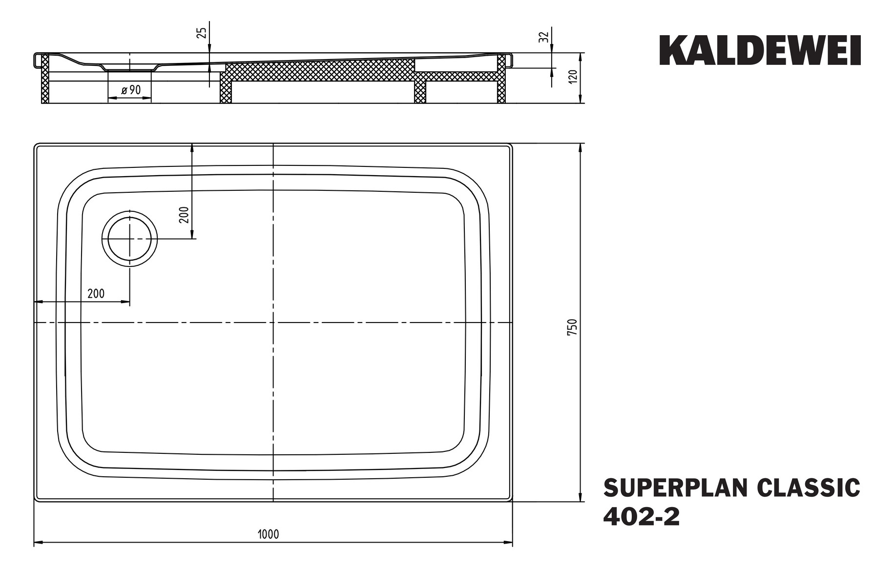 Kaldewei Duschwanne SUPERPLAN CLASSIC 402-2 75x100x2,5cm, mit Träger, Vollantislip, pergamon
