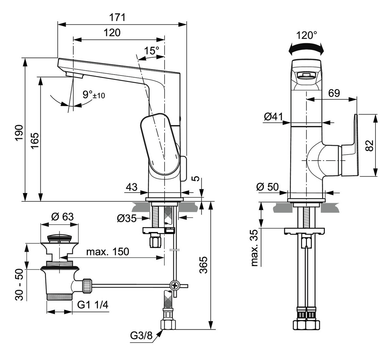 Ideal-Standard Waschtisch-Einhebelmischer Tonic II mit hohem, schwenkbarem Schwenkauslauf, mit Metall-Ablaufgarnitur
