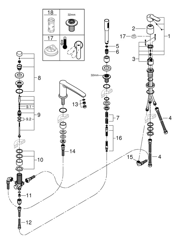 GROHE 4-Loch-Wannenkombination Eurostyle Cosmopolitan Auslauf Aufnahme vormontiert, Umstellung Wanne/Brause, chrom