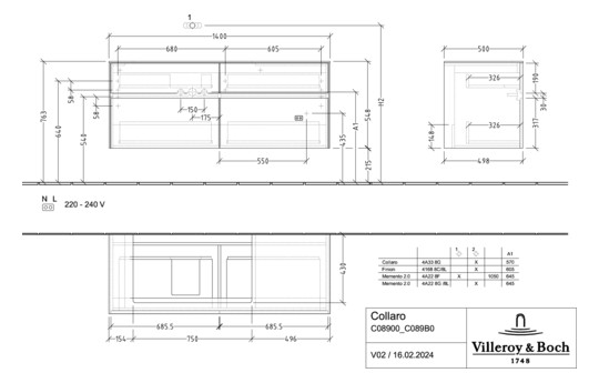 V&B Waschtischunterschrank Collaro 140x54,8x50cm, Waschtisch links, white wood