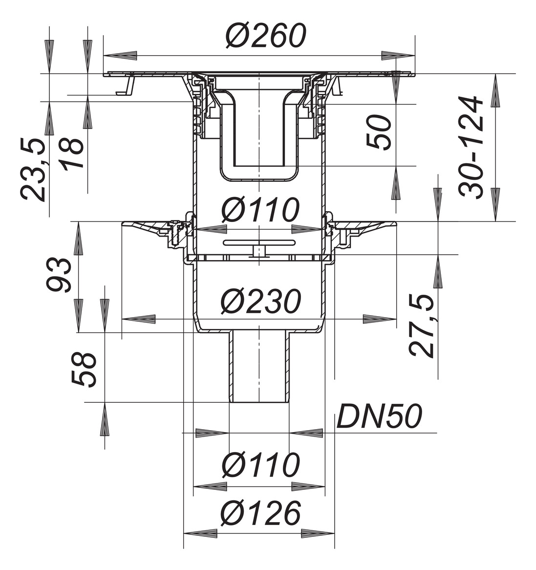 Dallmer Bodenablauf 30 N DN 50, senkrecht, für 1-teilige Naturstein-Duschtassen