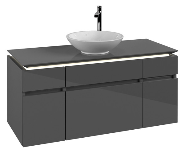 V&B Waschtischunterschrank Legato 120x55x50cm, Waschtisch mittig, mit LED-Beleuchtung, Glossy Grey