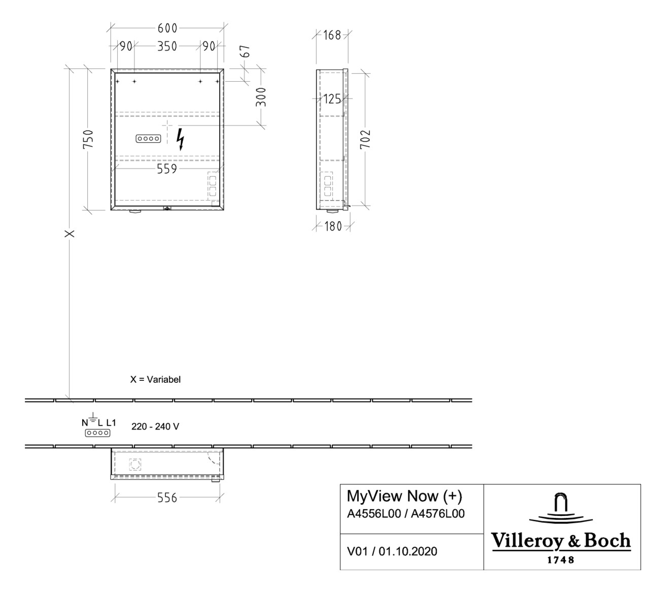 V&B Spiegelschrank MY VIEW NOW 60 x 75 x 16,8 cm, Anschlag links, LED-Beleuchtung, 1 Tür, Ein-/Ausschalter