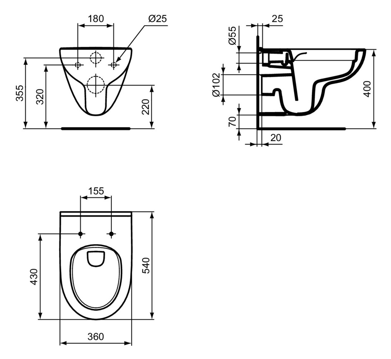 Ideal-Standard Wandtiefspül-WC-Paket i.life A 36,5x54,5x33cm, ohne Spülrand, weiß