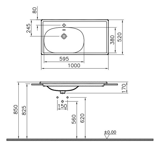 VitrA Bad Möbelwaschtisch Equal asymmetrisch 100x52cm, 1 Hahnloch mittig Becken, Becken links, Ablage rechts, weiß hochglanz VC