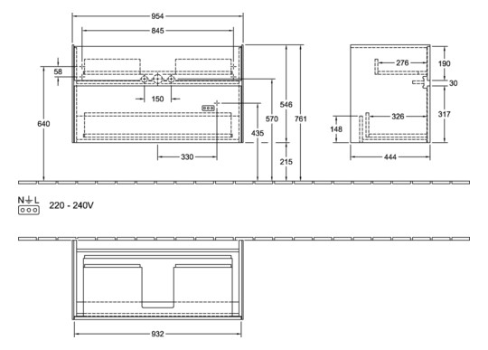 V&B Waschtischunterschrank Collaro 95,4x54,6x44,4cm, Waschbecken mittig, LED-Beleuchtung 7W, white wood