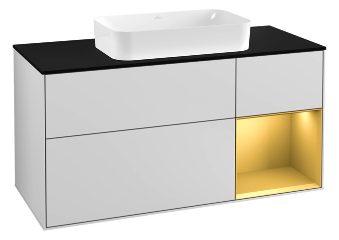V&B Waschtisch-Unterschrank Wandbeleuchtung Finion 120cm, Abdeckplatte black matt, Regal rechts Gold matt, White matt lacquer