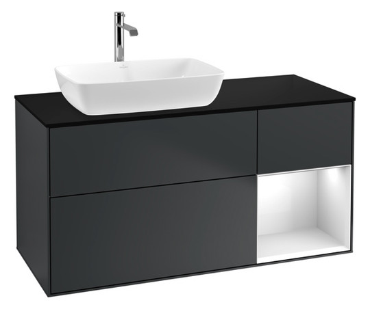 V&B Waschtisch-Unterschrank Finion 120cm, Abdeckplatte black matt, Regal Glossy white lacquer, Midnight Blue Matt Lacquer