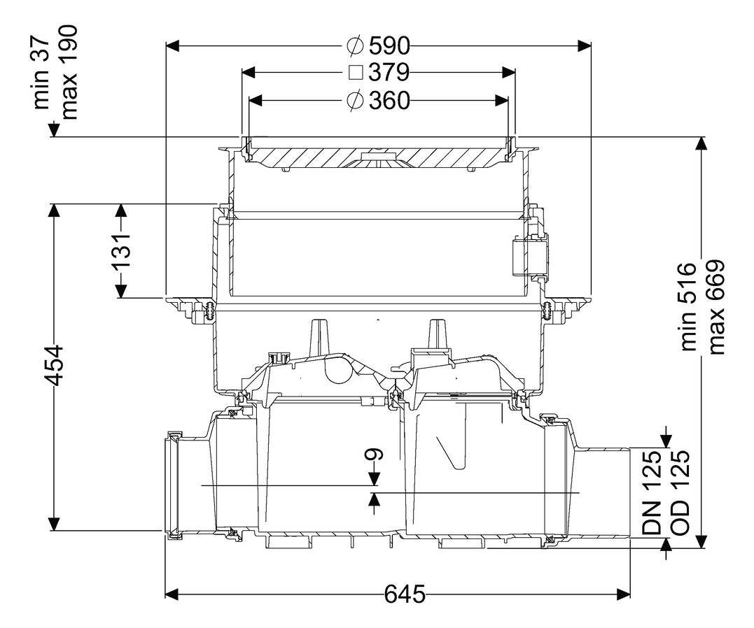 Kessel Reinigungsrohr Controlfix DN 125, L/H 645 x 454 mm, Abdeckung befliesbar, Kunststoff