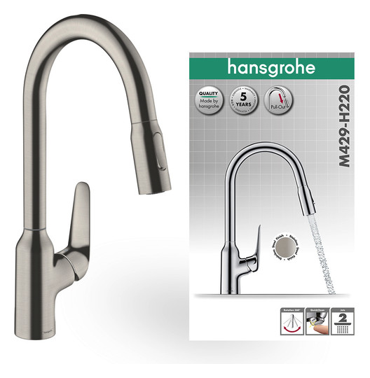 hansgrohe Spültisch-Einhebelmischer 220 Focus M42 mit Ausziehbrause, 2jet, Edelstahl-Optik