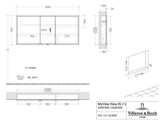 V&B Einbau-Spiegelschrank MY VIEW NOW 160 x 75 x 16,8 cm, LED-Beleuchtung, 3 Türen, mit Ein-/Ausschalter