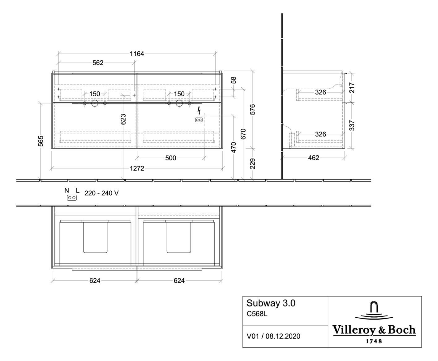 V&B Waschtisch-Unterschrank Subway 3.0 127,2x56,6x47,8cm, mit LED/Griff Aluminium glänzend, stone oak