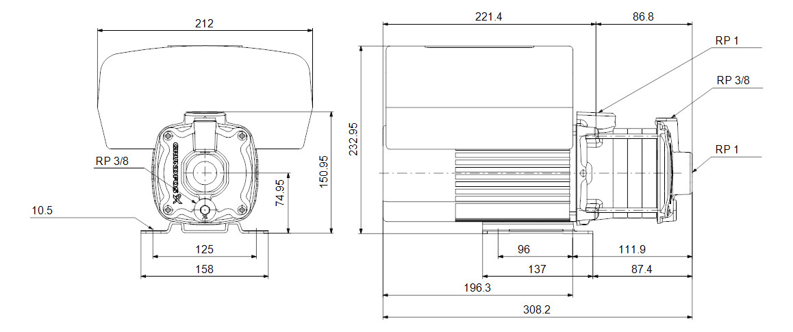 Grundfos Horizontale Kreiselpumpe CME1-5 A-R-A-V-AQQV UADN 1x230V 1,1kW