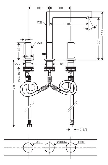 hansgrohe 3-Loch-Waschtischarmatur 200 Axor Uno Ausladung 183mm, mit Zerogriffen, Zugstangen-Ablaufgarnitur, brushed brass