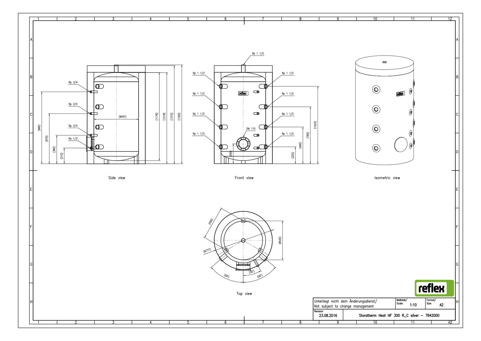 Reflex Pufferspeicher Storatherm Heat HF 300/R_C, Ø 797 mm, 3 bar, mit Reinigungsöffnung und Isolierung, silber