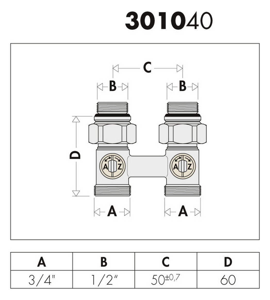 Caleffi Zweirohr-Hahnblock Heizkörperanschluss 1/2" AG, Anschluss Klemmverschraubung 3/4", Durchgangsform