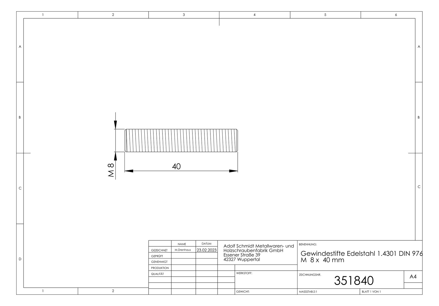 ASW Gewindestift M 8 x 60 mm, Edelstahl 1.4301 DIN 976