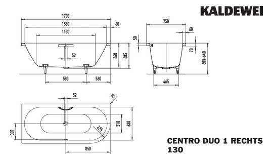Kaldewei Badewanne CENTRO DUO 1 rechts 130 170x75cm, Griffloch, Perl-Effekt, Rutschhemmend, pergamon