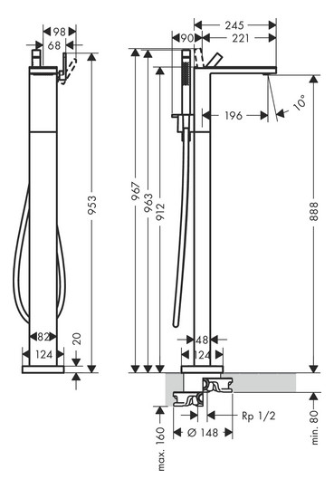 hansgrohe Wannen-Einhebelmischer Axor MyEdition Ausladung 196mm, bodenstehend, mit Platte, chrom/Schwarzglas