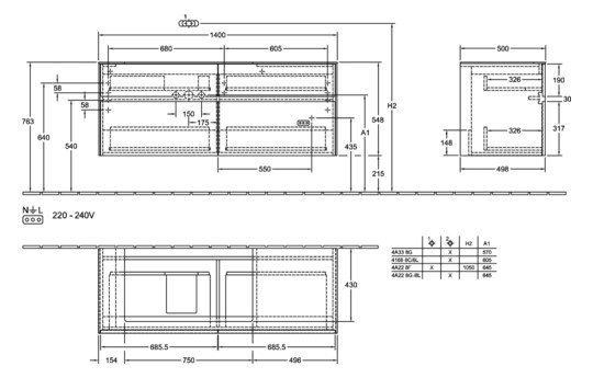 V&B Waschtischunterschrank Collaro 140x54,8x50cm, Waschtisch links, white wood