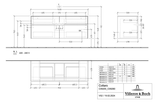 V&B Waschtischunterschrank Collaro 140x54,8x50cm, Waschtisch mittig, LED-Beleuchtung 10,4 W, glossy white