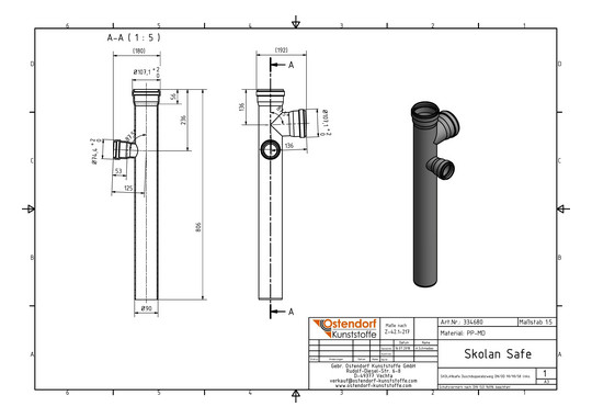 Ostendorf SKOLANsafe Duschdoppelabzweig DDA DN/OD 90/90/58 x 90°, links