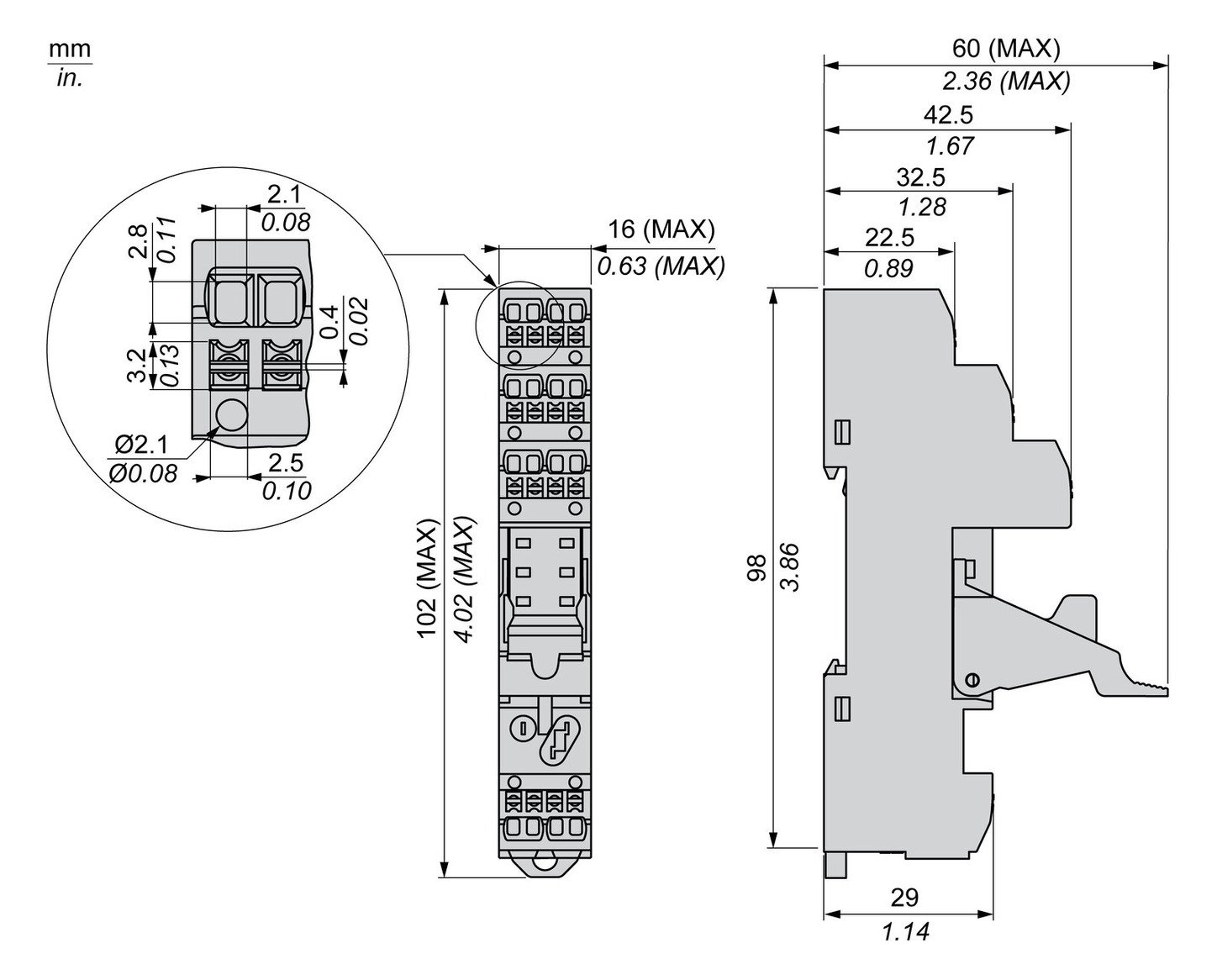 Relaissockel Federzug TS35 8Pins abn.Klemm Hutschiene TH35 16x60x98mm