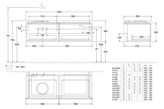 V&B Waschtischunterschrank Legato 120x38x50cm, Waschtisch links, mit LED-Beleuchtung, Stone Oak