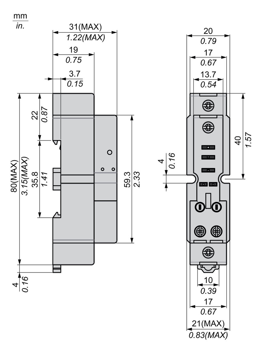 Relaissockel Schraub TS35 3Pins Ergänz.mögl Hutschiene TH35 21x80x31mm