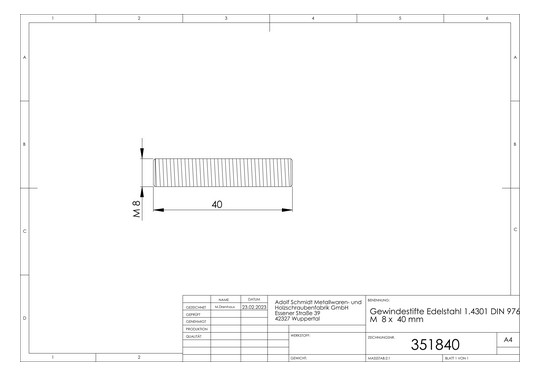 ASW Gewindestift M 8 x 60 mm, Edelstahl 1.4301 DIN 976