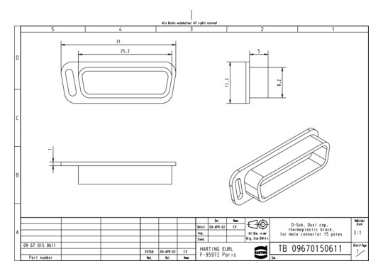 HART D-SUB 15 ABDECKKAPPE F. 09670150611 
