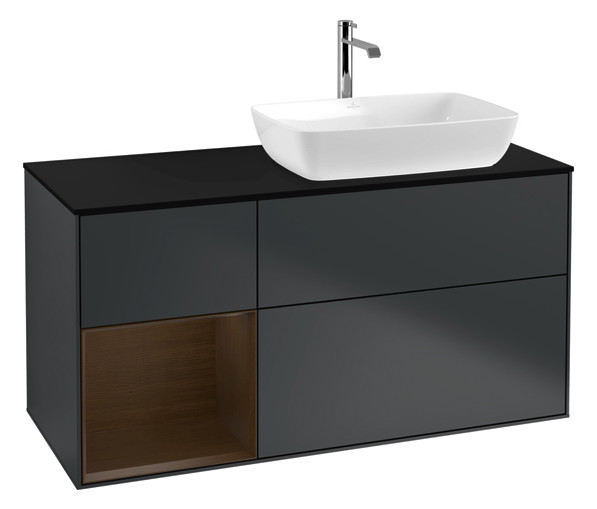 V&B Waschtisch-Unterschrank Finion 120cm, Abdeckplatte black matt, Regal Walnut Veneer, Midnight Blue Matt Lacquer V&B Waschtisch-Unterschrank Finion 120cm, Abdeckplatte black matt, Regal Walnut Veneer, Midnight Blue Matt Lacquer