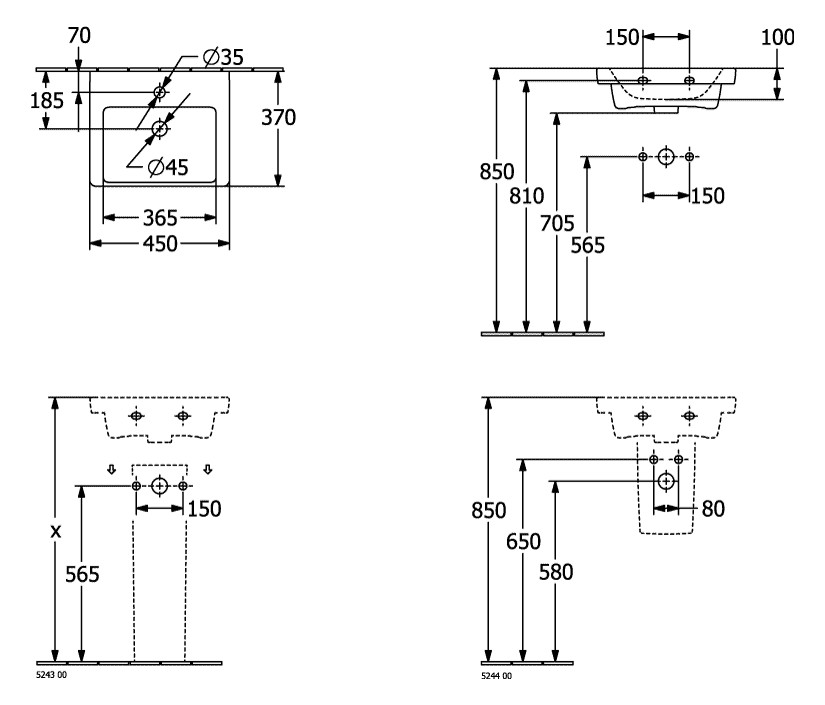 V&B Handwaschbecken Subway 3.0 45x37cm, eckig, mit Hahnloch/mit Überlauf, stone white C-plus