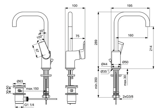 Ideal-Standard Waschtisch-Einhebelmischer Tesi mit hohem Auslauf, mit Ablaufgarnitur, verchromt