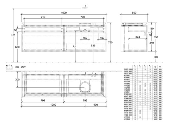 V&B Waschtischunterschrank Legato 160x50x50cm, Waschtisch rechts, Kansas Oak