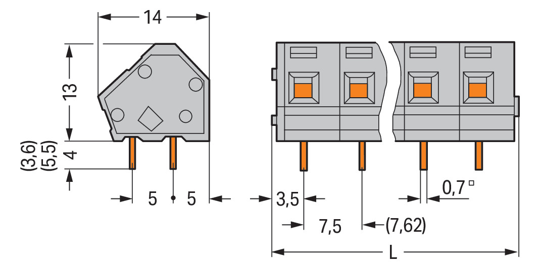 Printklemme 24f 1re lgr Serie 236 RM=7,5 Federzuganschluss/Lötanschluss Printklemme 24f 1re lgr Serie 236 RM=7,5 Federzuganschluss/Lötanschluss