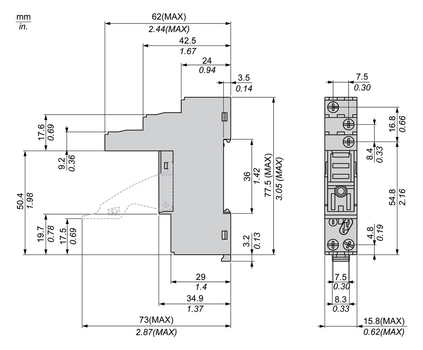 Relaissockel Schraub TS35 5Pins 15,8x77x62mm Hutschiene TH35