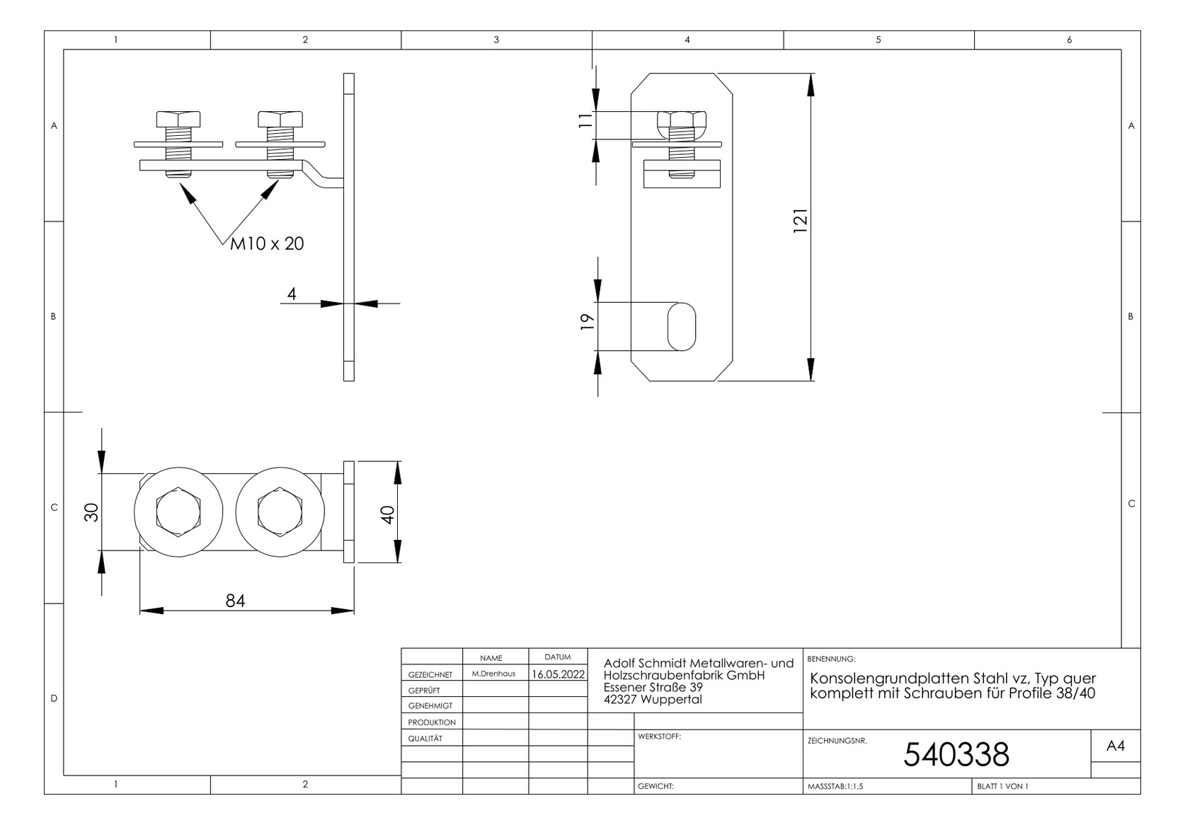 ASW Konsolengrundplatte Stahl verzinkt, mit Schrauben, für Profil 38/40, quer