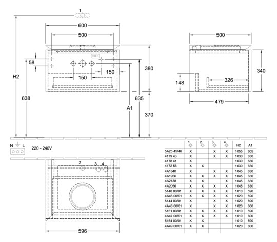 V&B Waschtischunterschrank Legato 60x38x50cm, Waschtisch mittig, mit LED-Beleuchtung, White Wood
