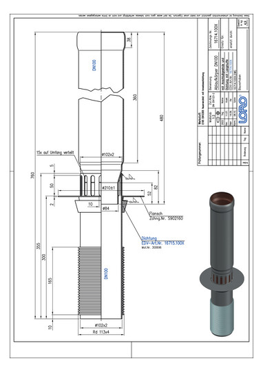 LORO Ablaufkörper DN 100, Deckenstärken 150 - 250 mm, untere Balkone