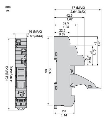 Relaissockel Federzug TS35 5Pins abn.Klemm Hutschiene TH35 16x67x98mm