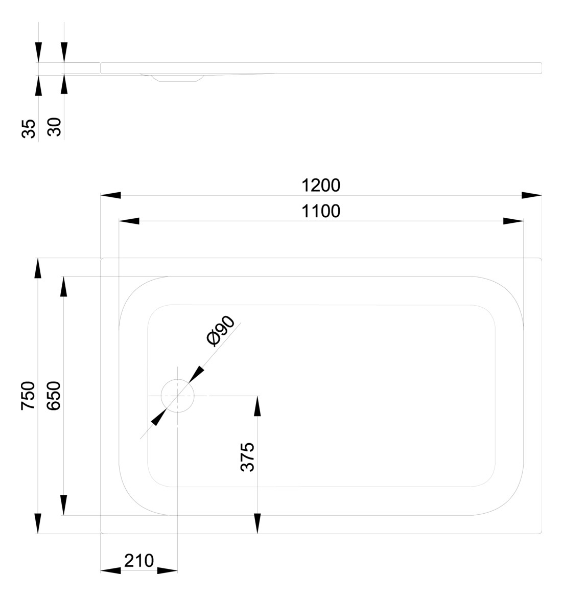 Duschwanne BetteUltra 1670 120x75x3,5cm, Mini-Wannenträger, manhattan