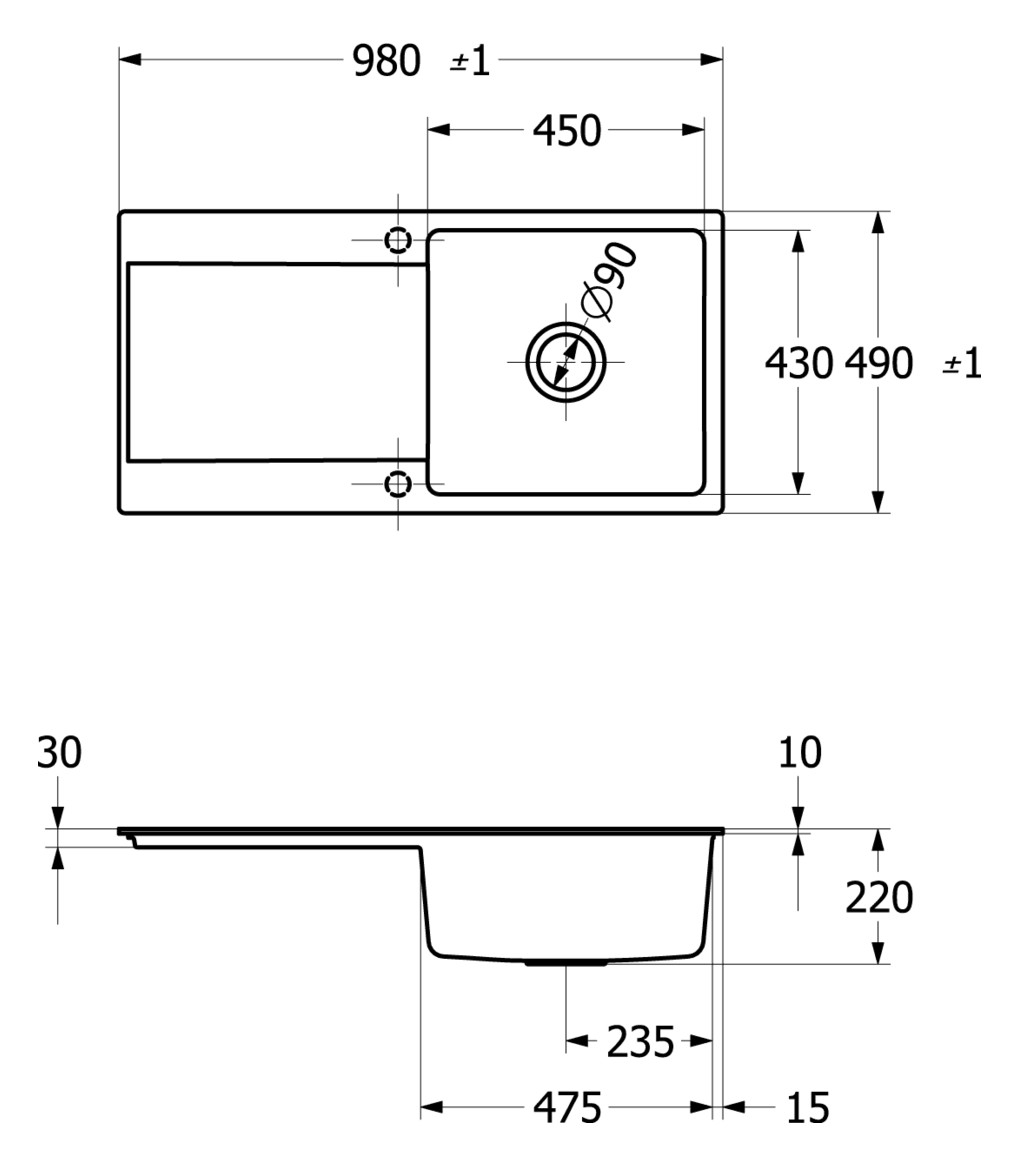 V&B Flächenbündige Spüle Siluet 60 Flat mit Ablaufgarnitur, Excenterbetätigung, graphit CeramicPlus