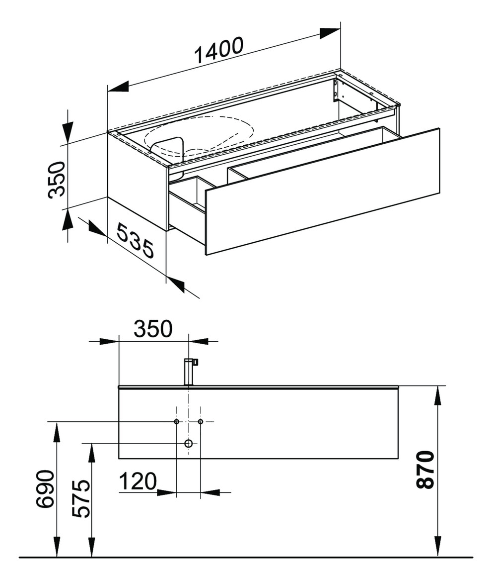 KEUCO Waschtischunterschrank Edition 11 Planning 140x35x53,5cm, 1 Frontauszug, links, Lack Hochglanz Weiß