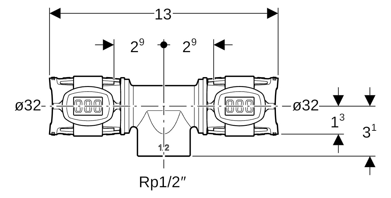 Geberit T-Stück FlowFit 32 mm x Rp 1/2 x 32 mm, mit Innengewinde, Rotguss