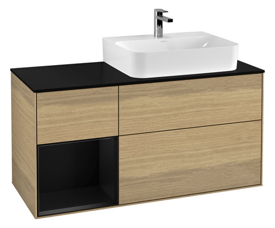 V&B Waschtisch-Unterschrank Abdeckplatte Glass Black Matt Finion 120cm, Regal links Black matt lacquer, Oak Veneer