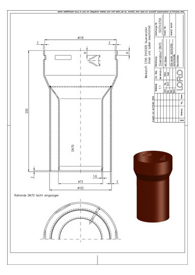 LORO Balkondirektablauf Serie I DN 70, 200 mm, Auslauf senkrecht, mit Glocke