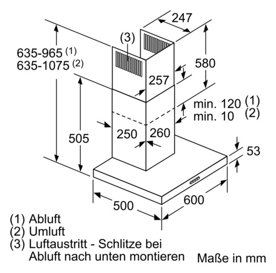 Wandesse 600mm edst B 60dB 360cbm/h LED Ø120-150mm 4st Abl/Uml T500mm