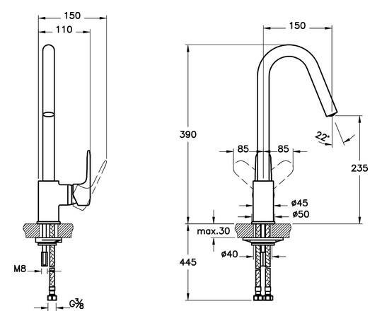 VitrA Bad Spültisch-Einhebelmischer Root Round Ausladung 150mm, Einlochmontage, ohne Ablaufgarnitur G 3/8, Kupfer