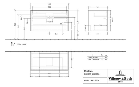 V&B Waschtischunterschrank Collaro 100x54,8x50cm, Waschtisch mittig, LED-Beleuchtung 7,3 W, white wood